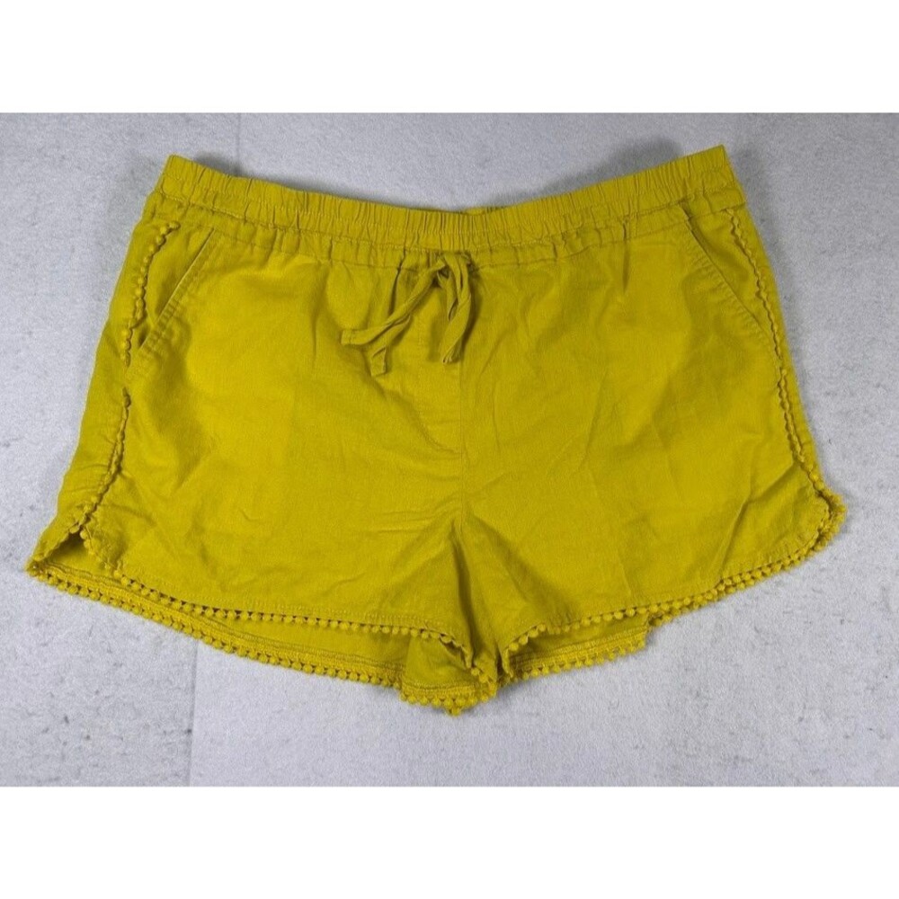 LOFT Yellow Pom Pom Trim Pull-On Shorts Women's L Elastic Drawstring Pocket